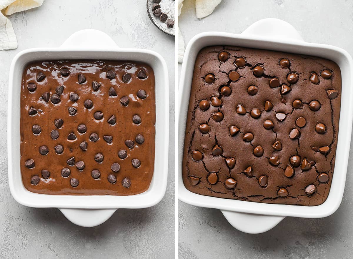 two photos showing black bean brownies in a baking dish before and after baking