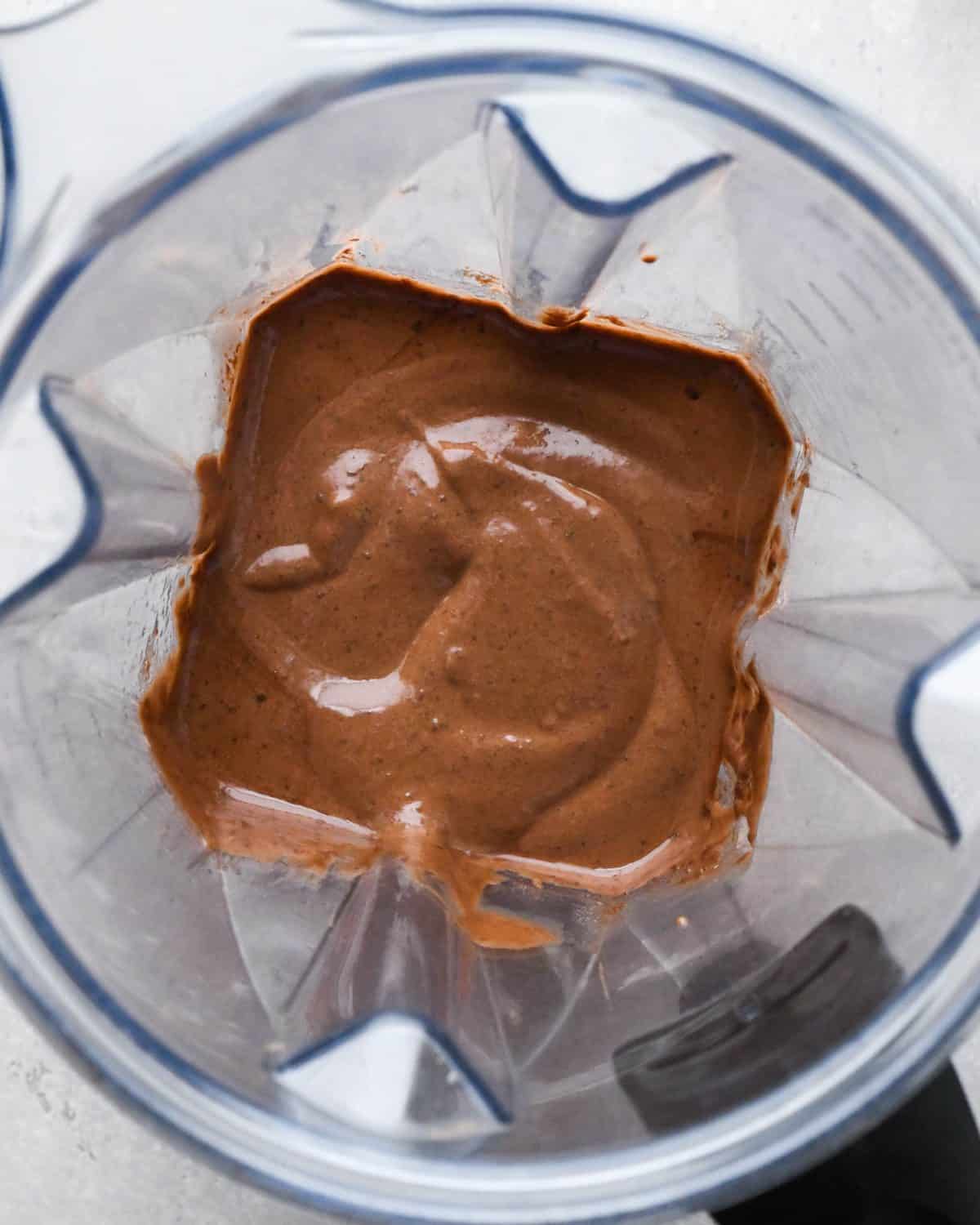 making black bean brownies - batter in a blending container after being blended until silky smooth