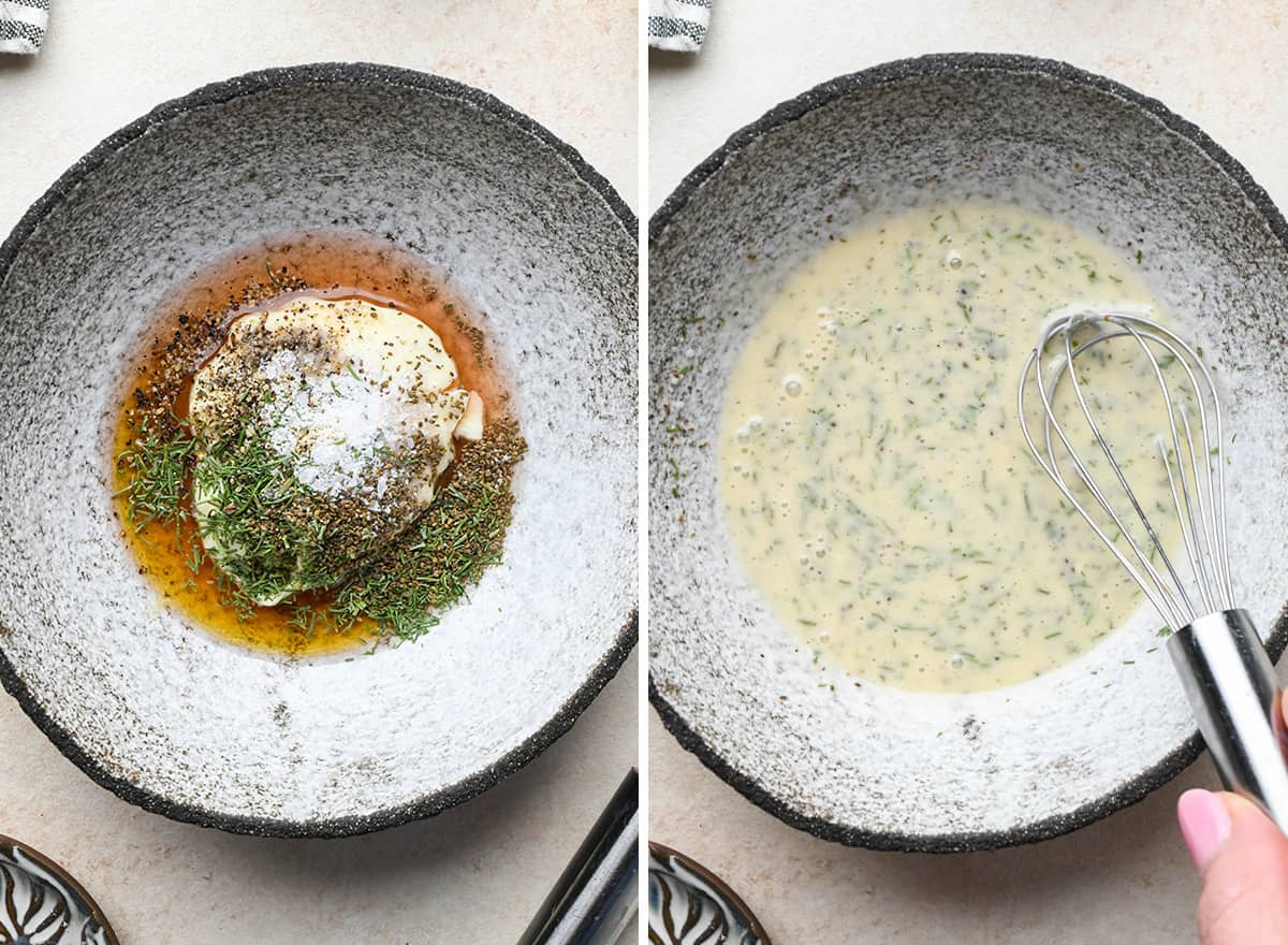 two photos showing How to make Cucumber Salad dressing