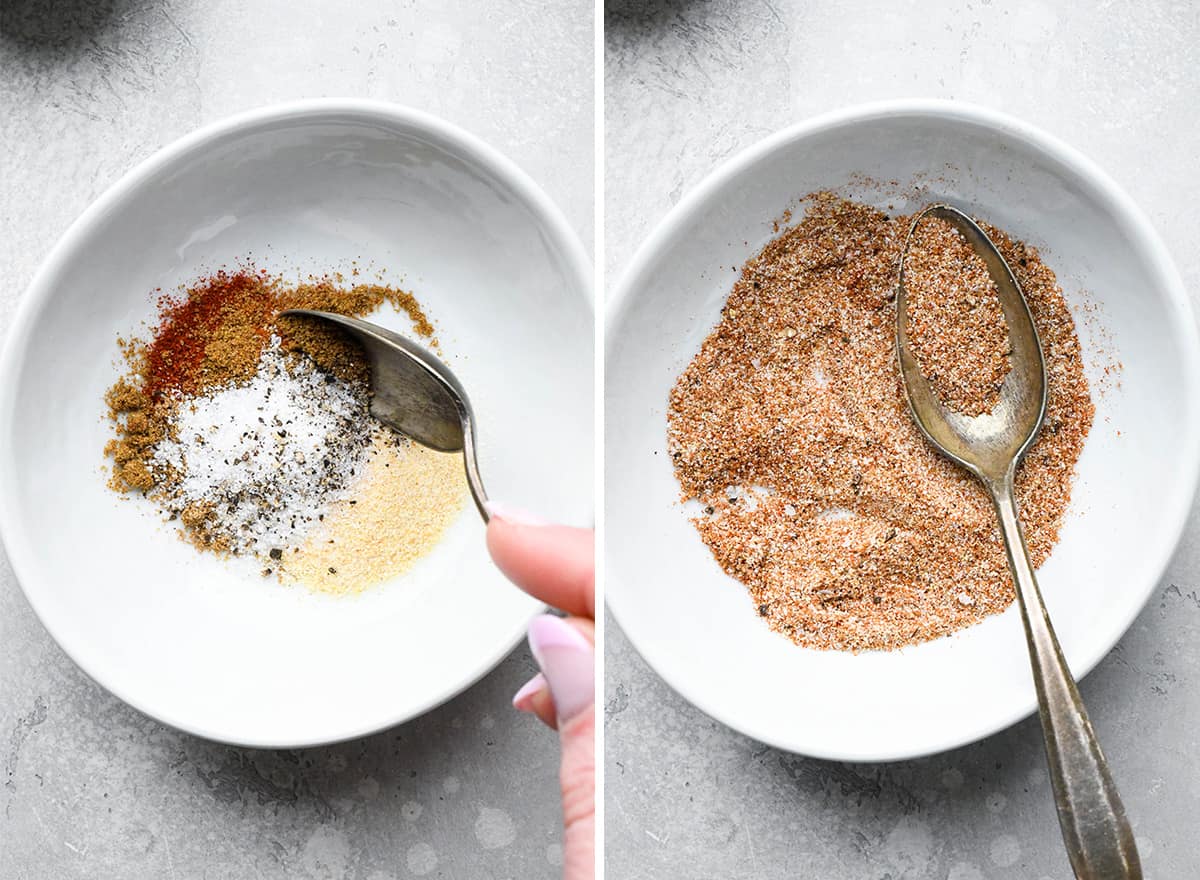 two photos showing How to Roast Chickpeas - mixing the spices together