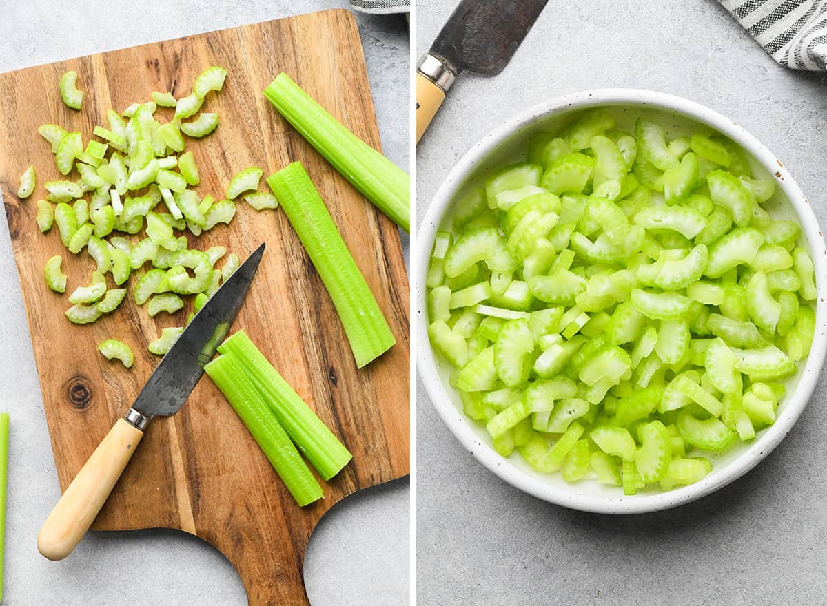 two photos showing slicing celery to make Waldorf Salad