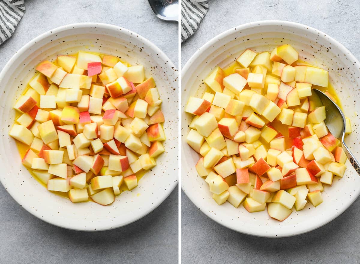 two photos showing apples being tossed in orange juice to make this Waldorf Salad recipe
