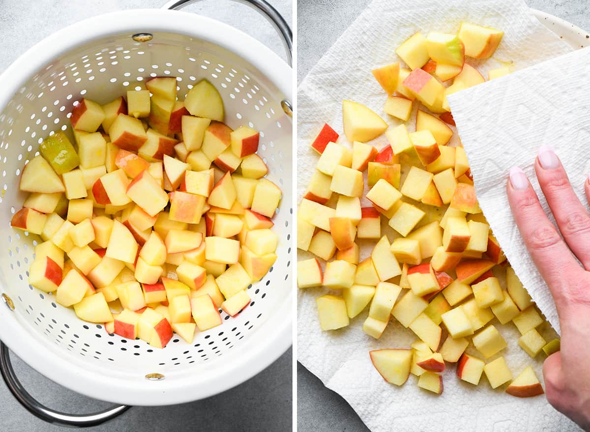 two photos showing draining and drying apples to make Waldorf Salad