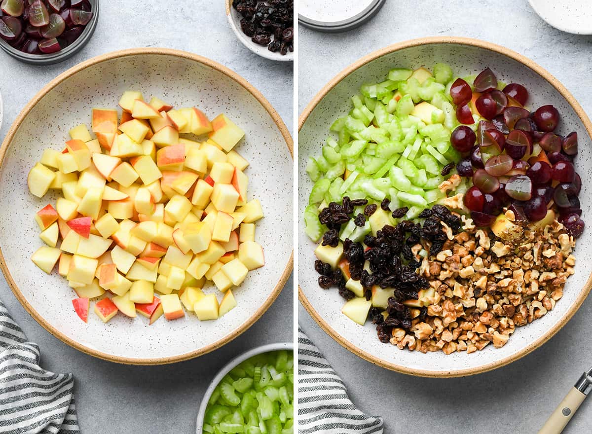two photos showing how to make Waldorf salad - combining ingredients 