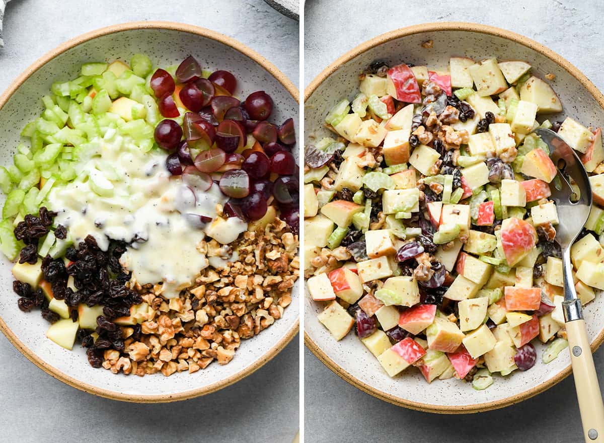 two photos showing how to make Waldorf salad - stirring in dressing