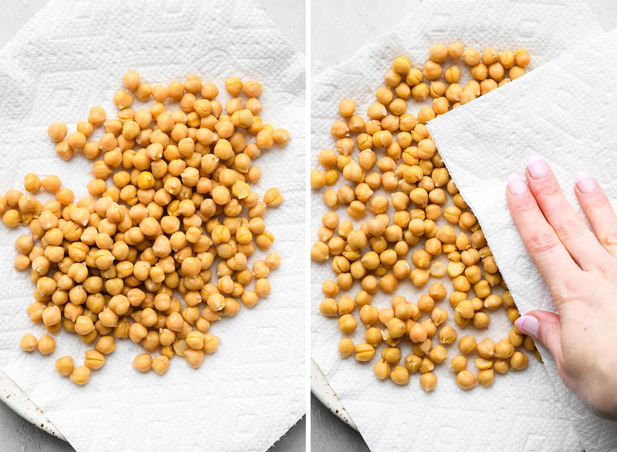 Two photos showing How to Roast Chickpeas - patting the chickpeas dry with a paper towel