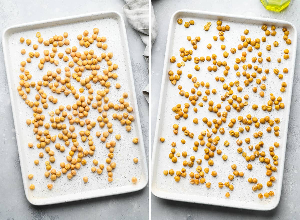 two photos showing How to Roast Chickpeas - before and after roasting for 15 minutes without oil or seasoning.