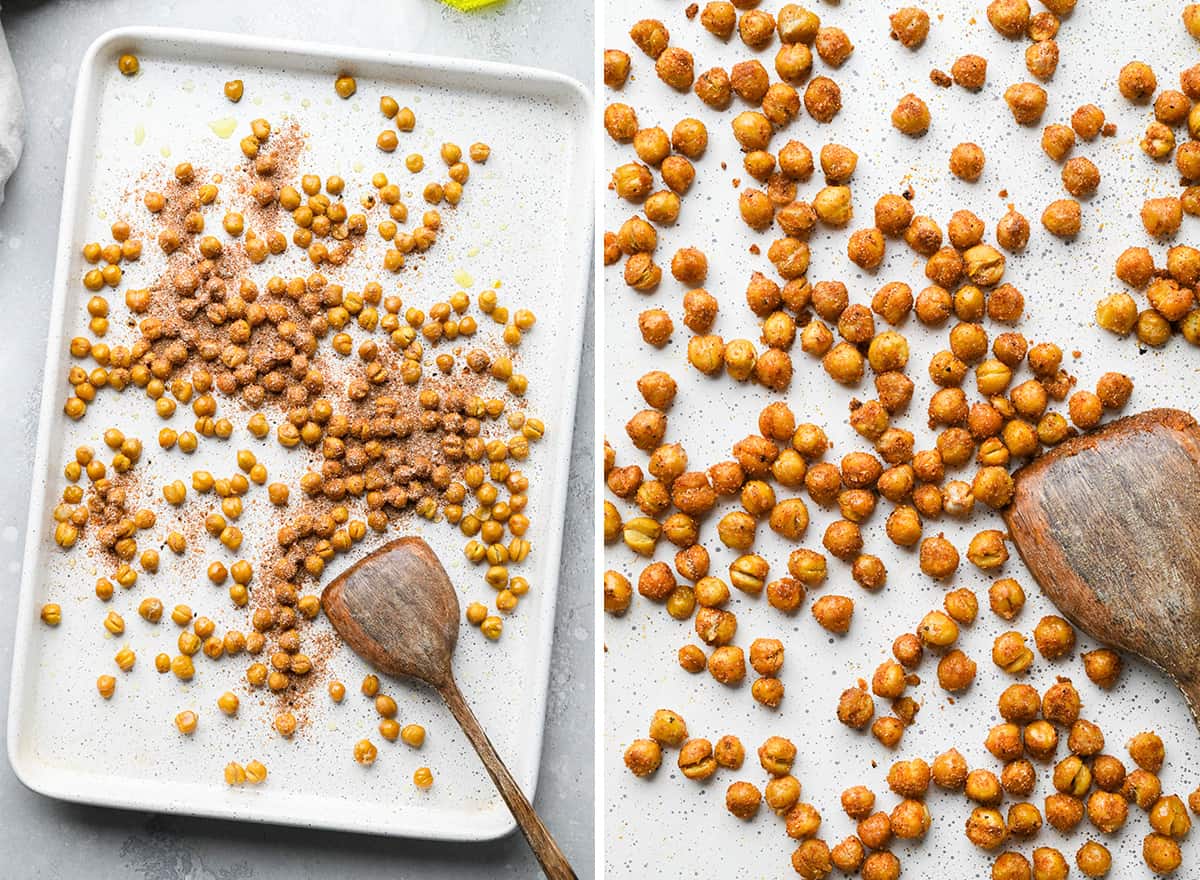 two phots showing How to Roast Chickpeas - adding the seasoning mixture. 