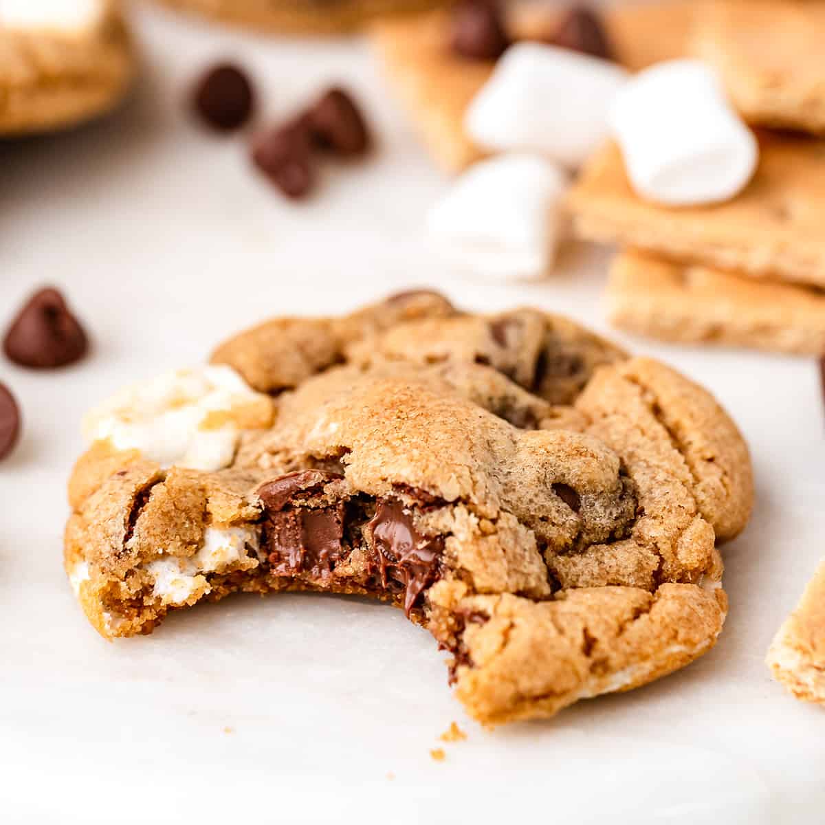 a S'mores Cookie with a bite taken out of it