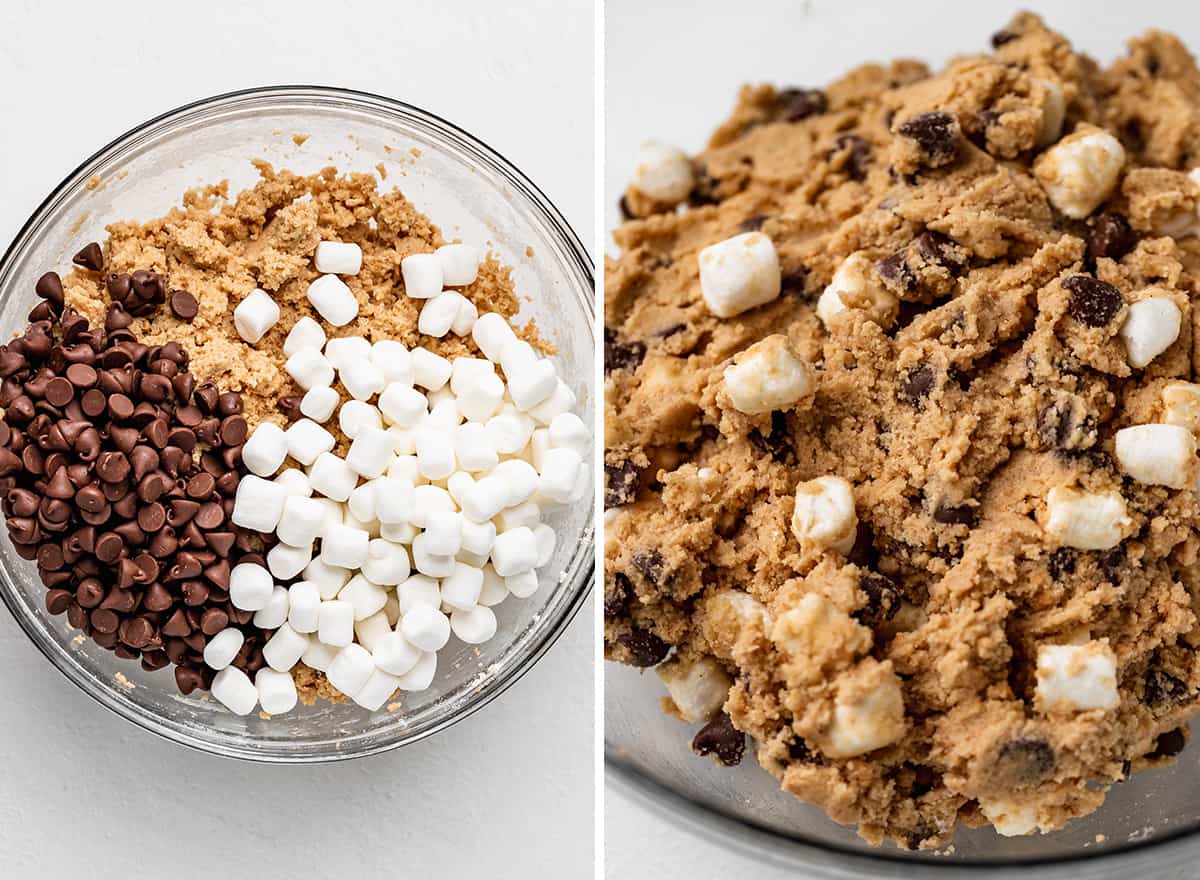 two photos showing how to make this S'mores Cookies recipe - stirring in chocolate chips and marshmallows