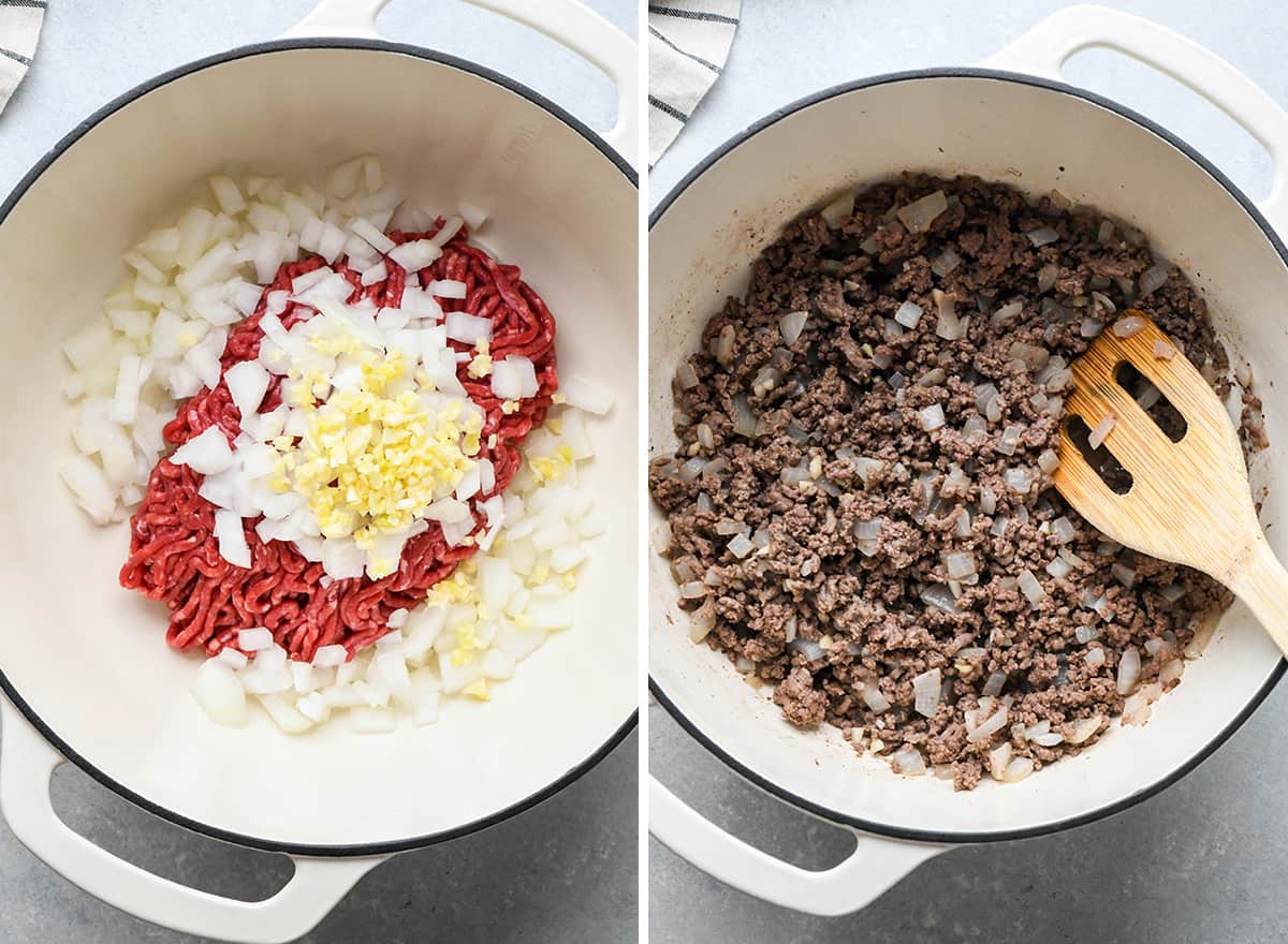 two photos showing how to brown ground beef to make this Spaghetti Meat Sauce Recipe