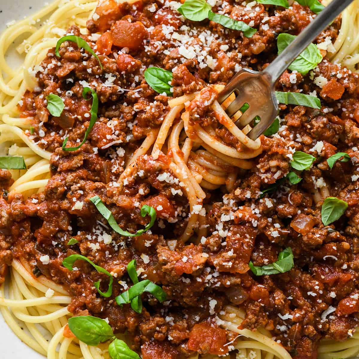 a fork twirling noodles topped with Spaghetti Meat Sauce 