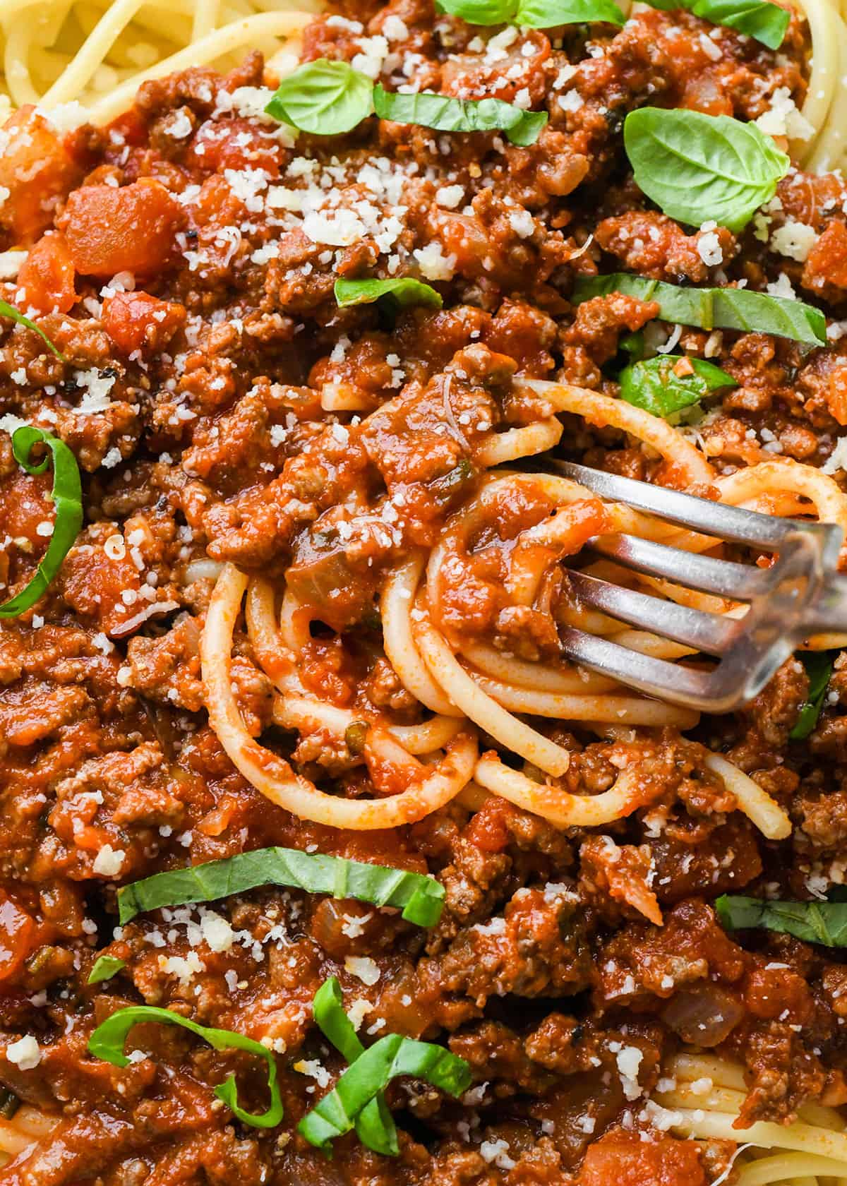 up close photo of a fork taking a bite of pasta with Spaghetti Meat Sauce