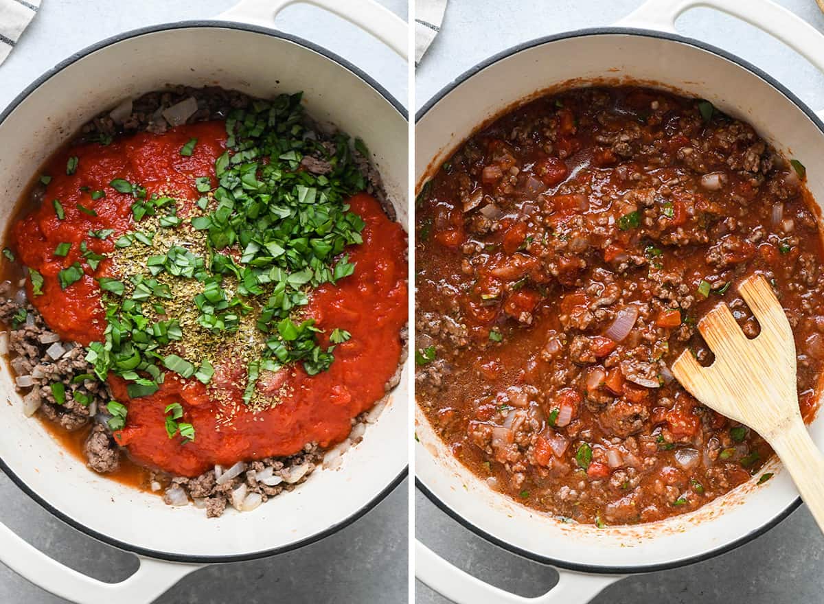 two photos showing how to make Spaghetti Meat Sauce Recipe - adding tomatoes and herbs 