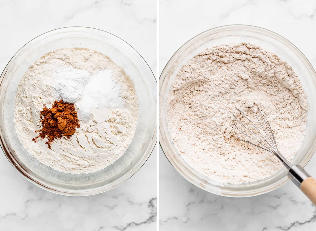 two photos showing how to make zucchini chocolate chip muffins - combining dry ingredients