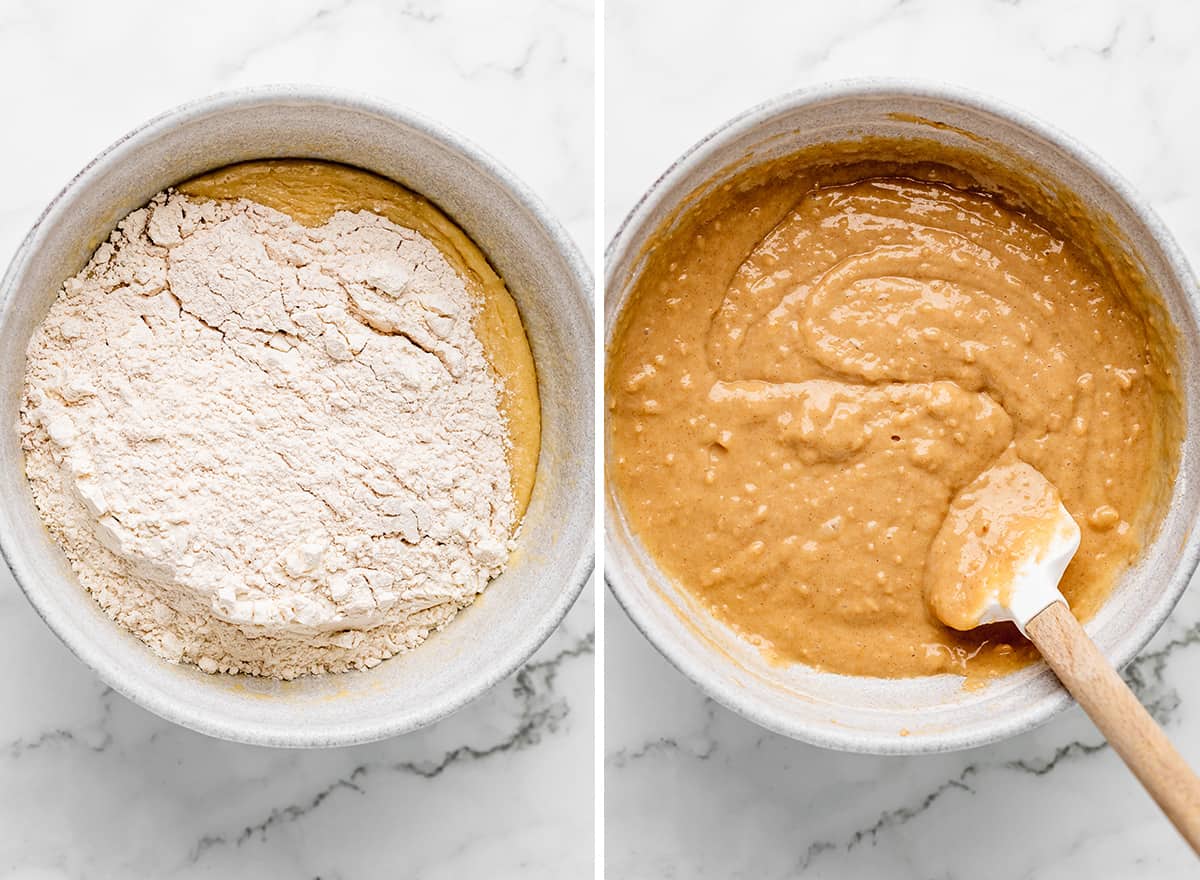 two photos showing how to make zucchini chocolate chip muffins - combining wet and dry ingredients