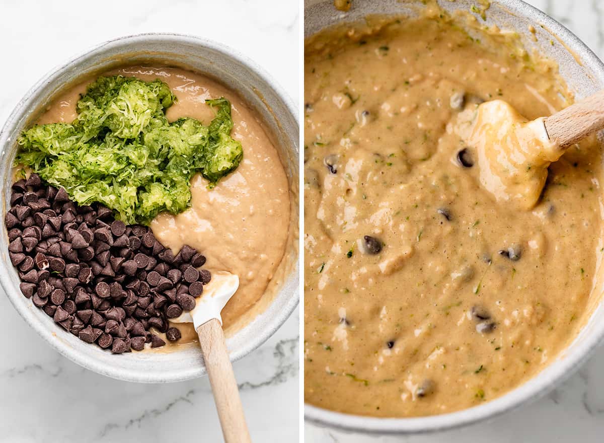 two photos showing how to make zucchini chocolate chip muffins - stirring in zucchini and chocolate chips