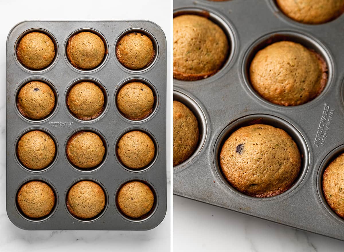 two photos showing zucchini chocolate chip muffins in the muffin tin after baking