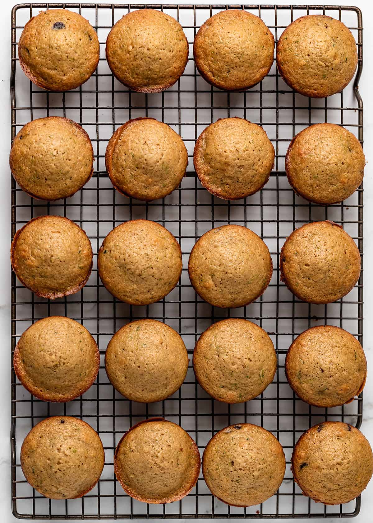 20 Zucchini Chocolate Chip Muffins on a wire cooling rack