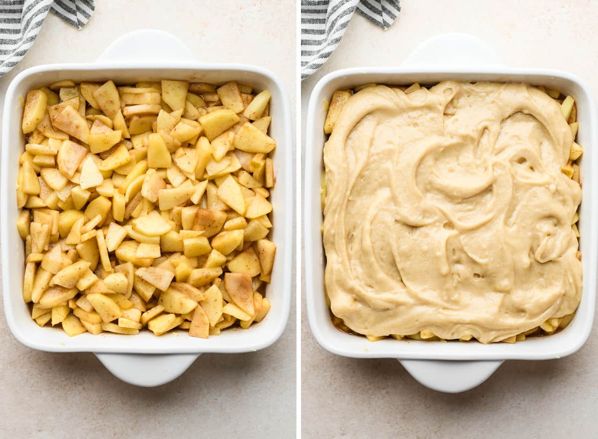 two photos showing how to assemble Apple Cobbler