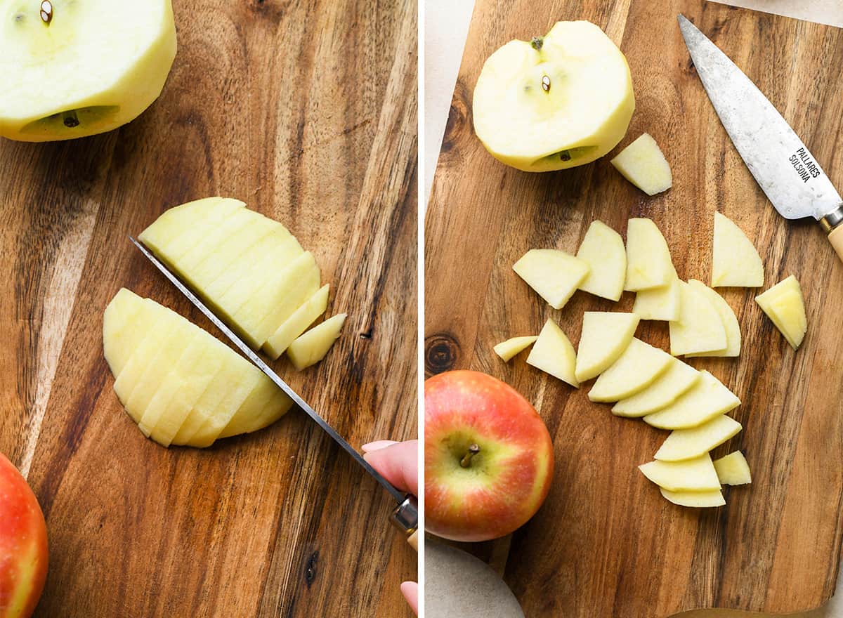 two photos showing slicing apples for this Apple Cobbler Recipe