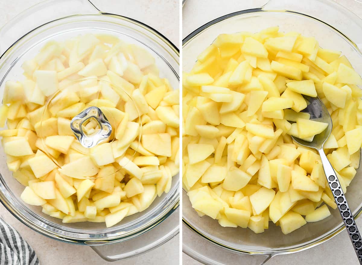 two photos showing apples in a glass dish before and after cooking to make Apple Cobbler Recipe