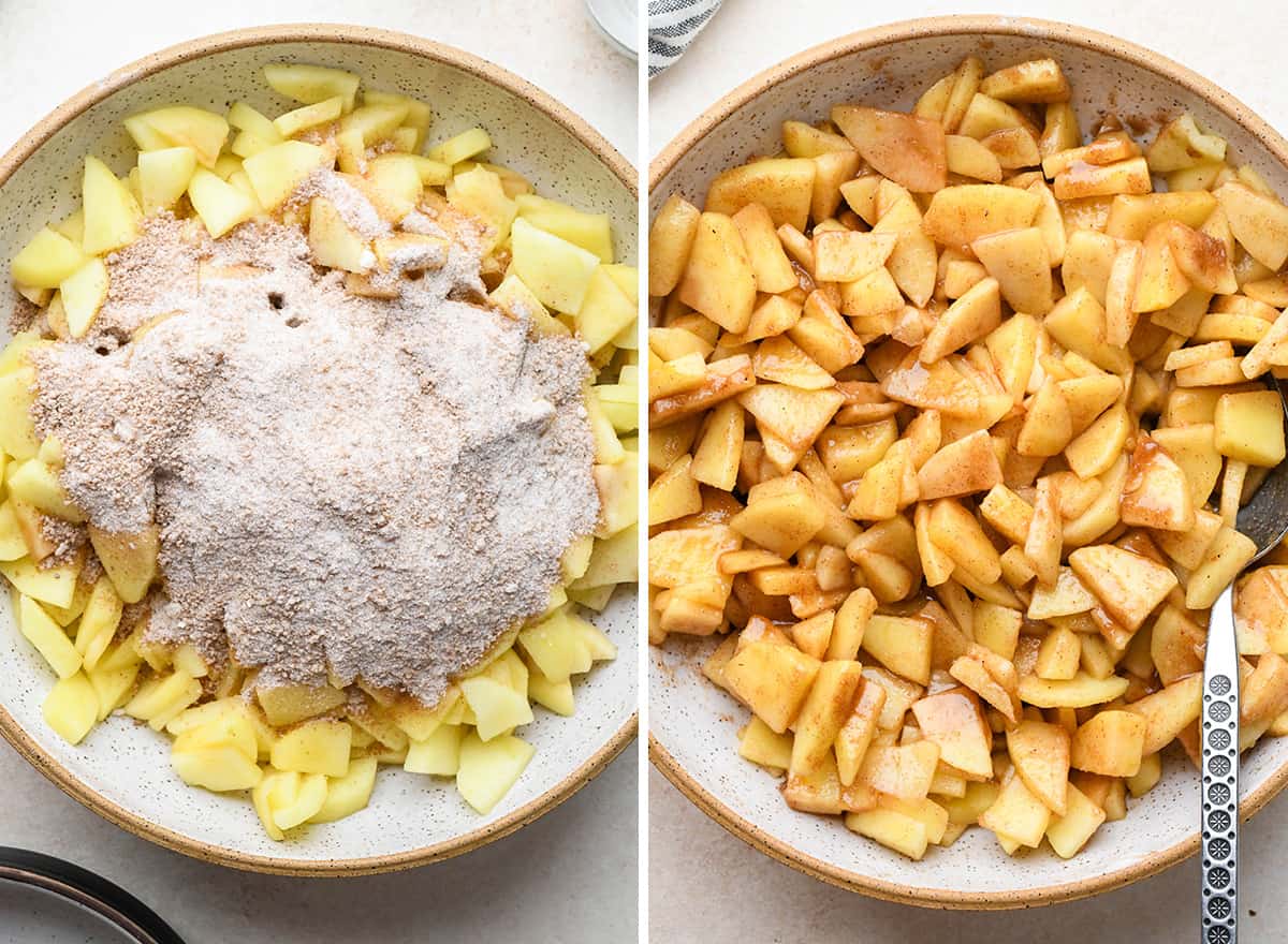 two photos showing how to make Apple Cobbler filling