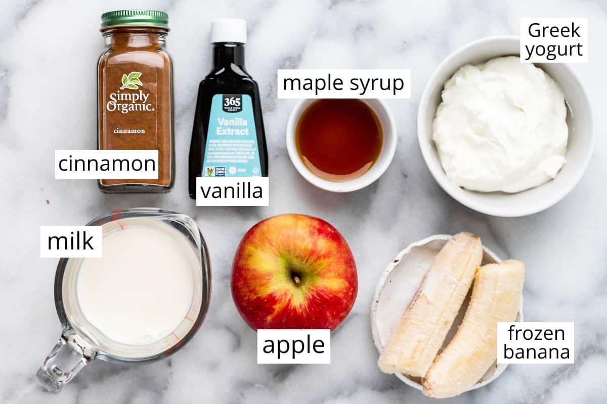 overhead photo of the labeled ingredients in this Apple Smoothie recipe