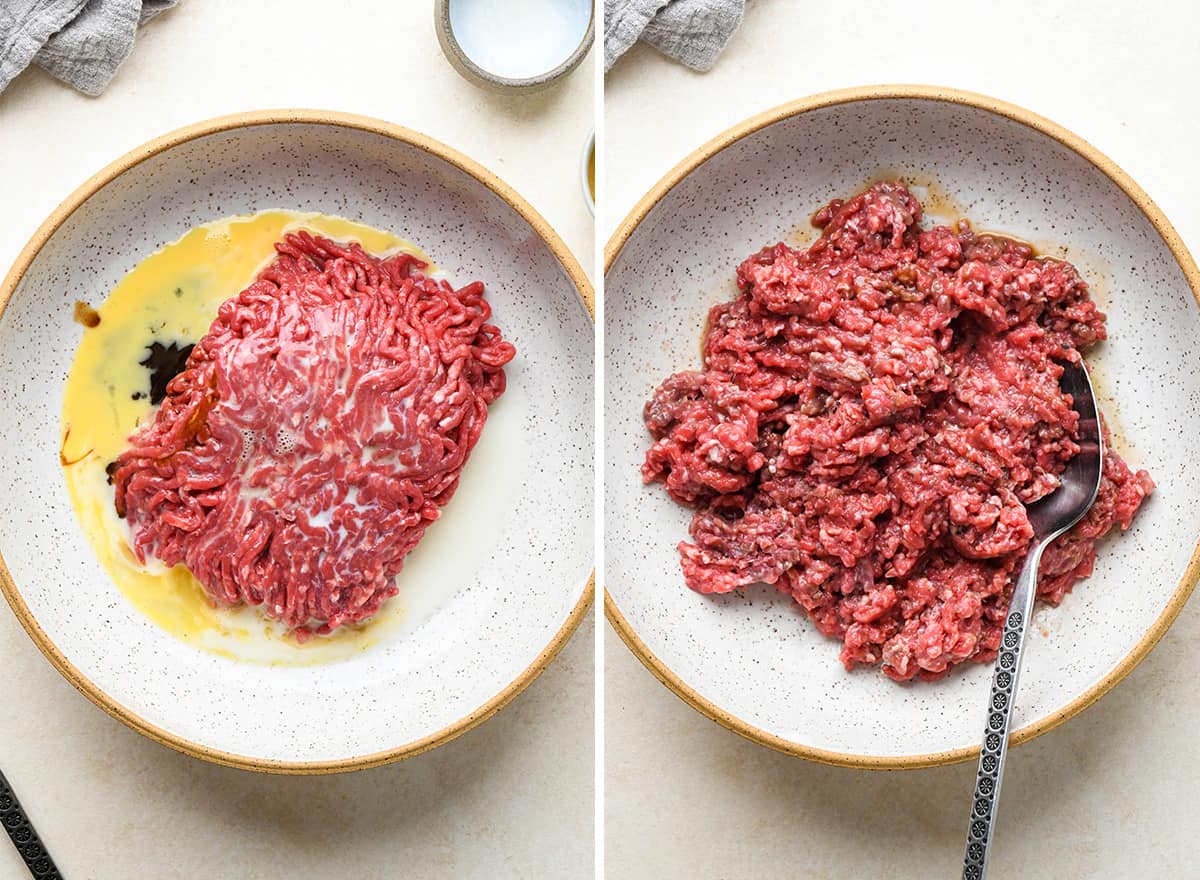 two photos showing how to make homemade meatballs for this BBQ Meatballs recipe