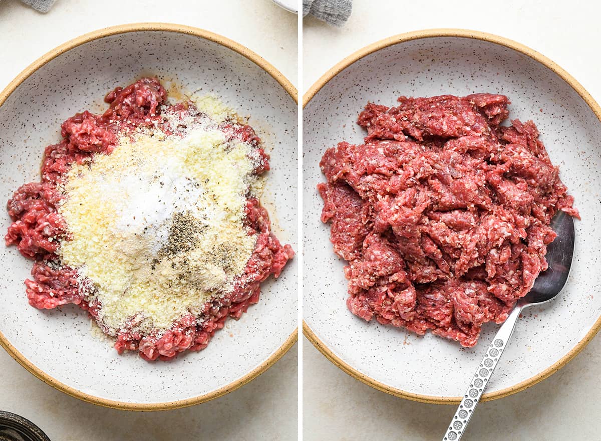 two photos showing how to make homemade meatballs for this BBQ Meatballs recipe