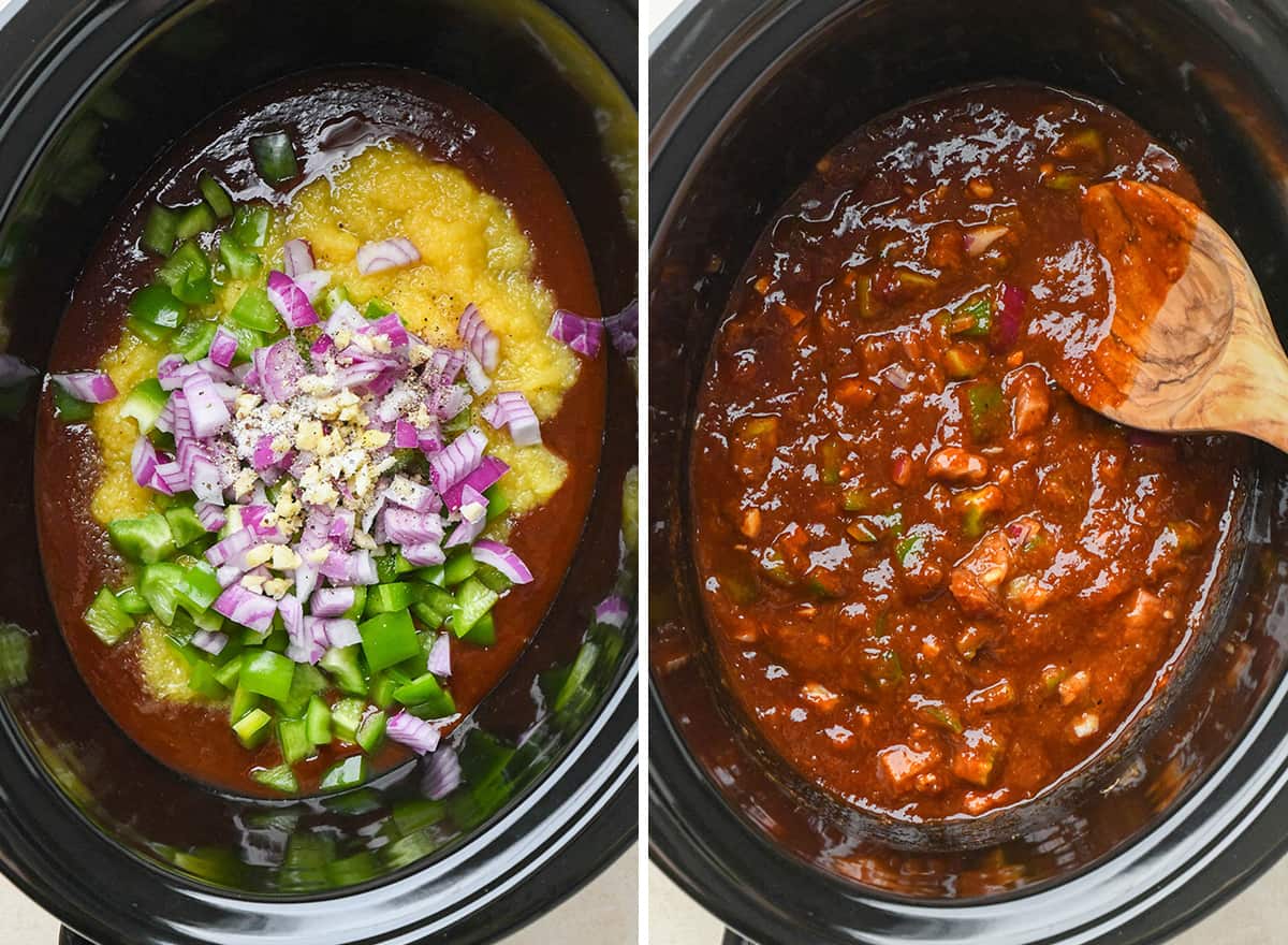 two photos showing making the sauce for BBQ meatballs in a crockpot