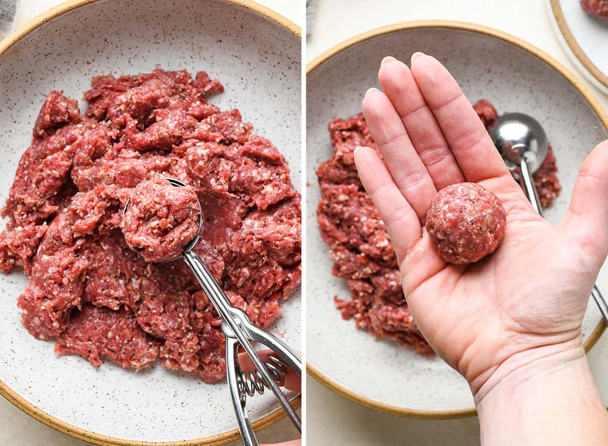 two photos showing how to make homemade meatballs for this BBQ Meatballs recipe