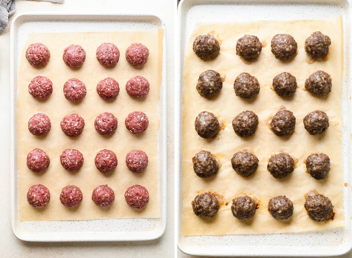 two photos showing how to make homemade meatballs for this BBQ Meatballs recipe