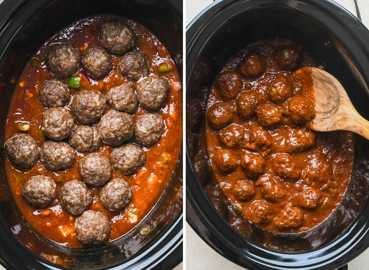 two photos showing stirring meatballs into the sauce for barbecue meatballs