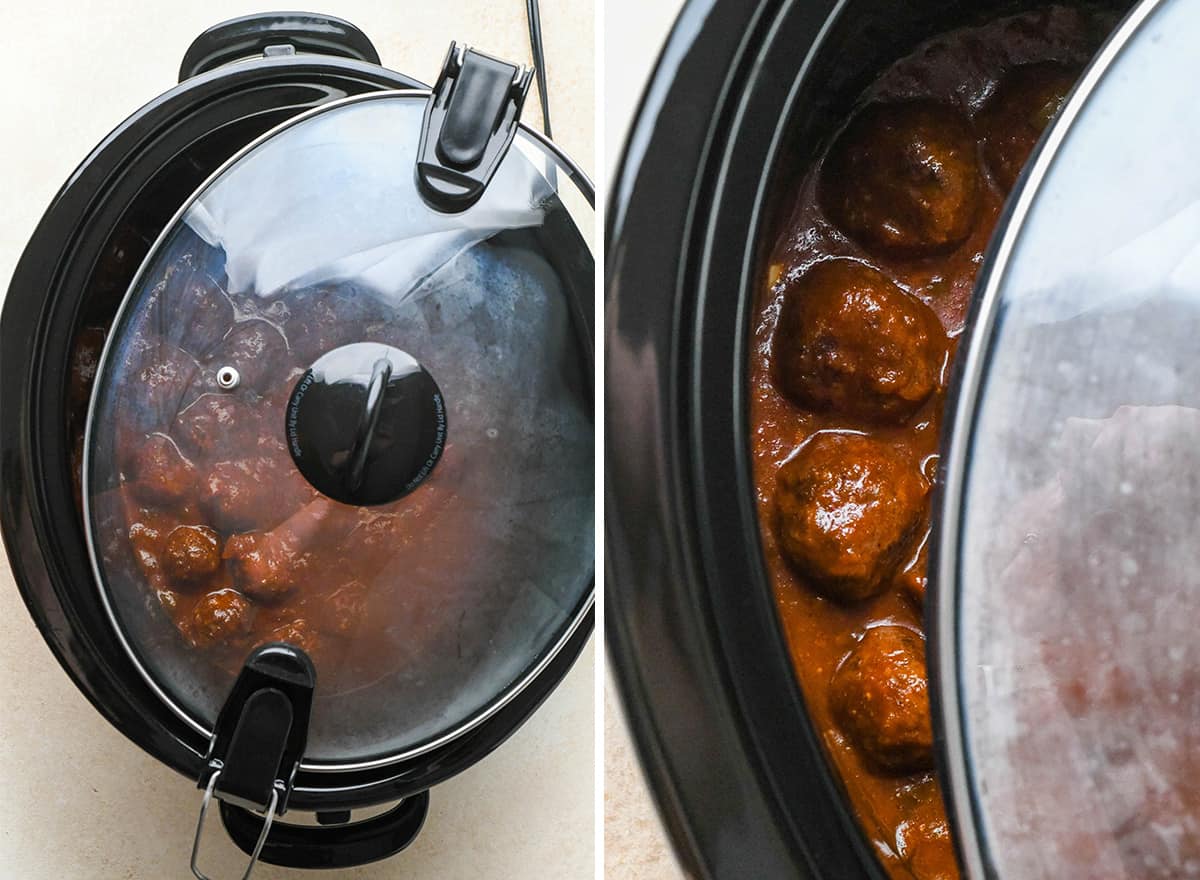 two photos showing BBQ meatballs cooking in the crockpot