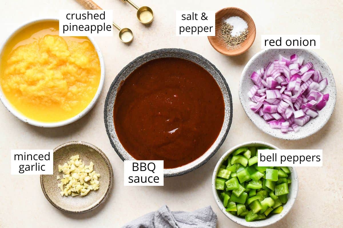 labeled sauce ingredients for this BBQ Meatballs recipe