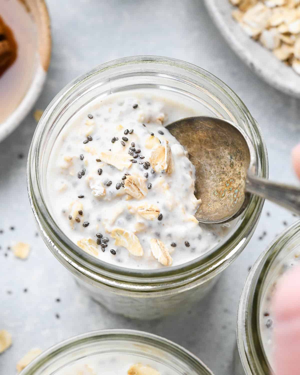 Overnight Oats Recipe in a jar with a spoon