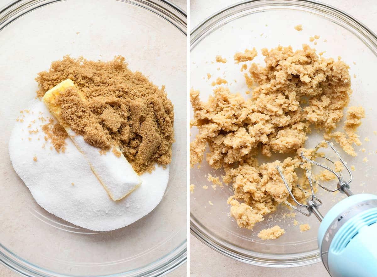 two photos showing how to make Butterscotch Cookies - beating butter and sugars together