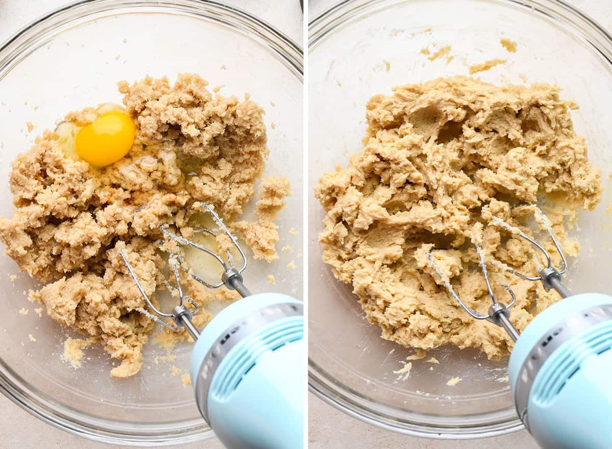 two photos showing how to make Butterscotch Cookies - adding egg and vanilla