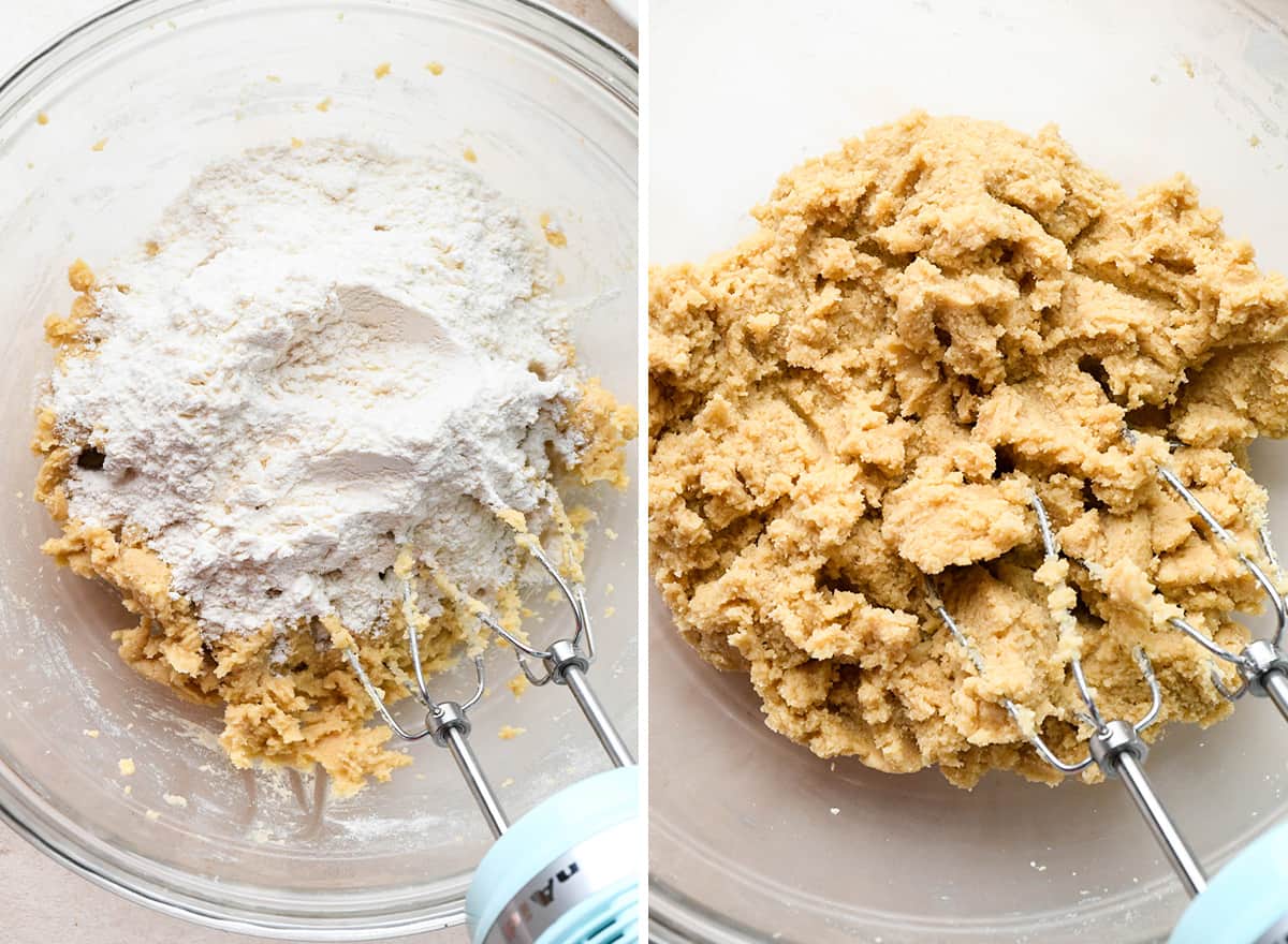 two photos showing how to make Butterscotch Cookies - combining wet and dry ingredients