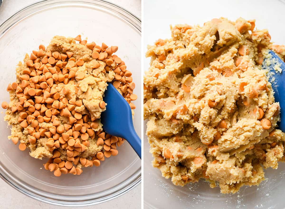 two photos showing how to make Butterscotch Cookies - stirring in butterscotch chips