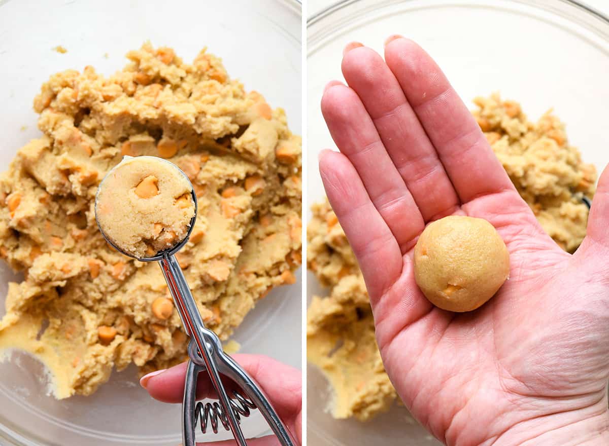 two photos showing how to make Butterscotch Cookies - portioning and rolling out dough