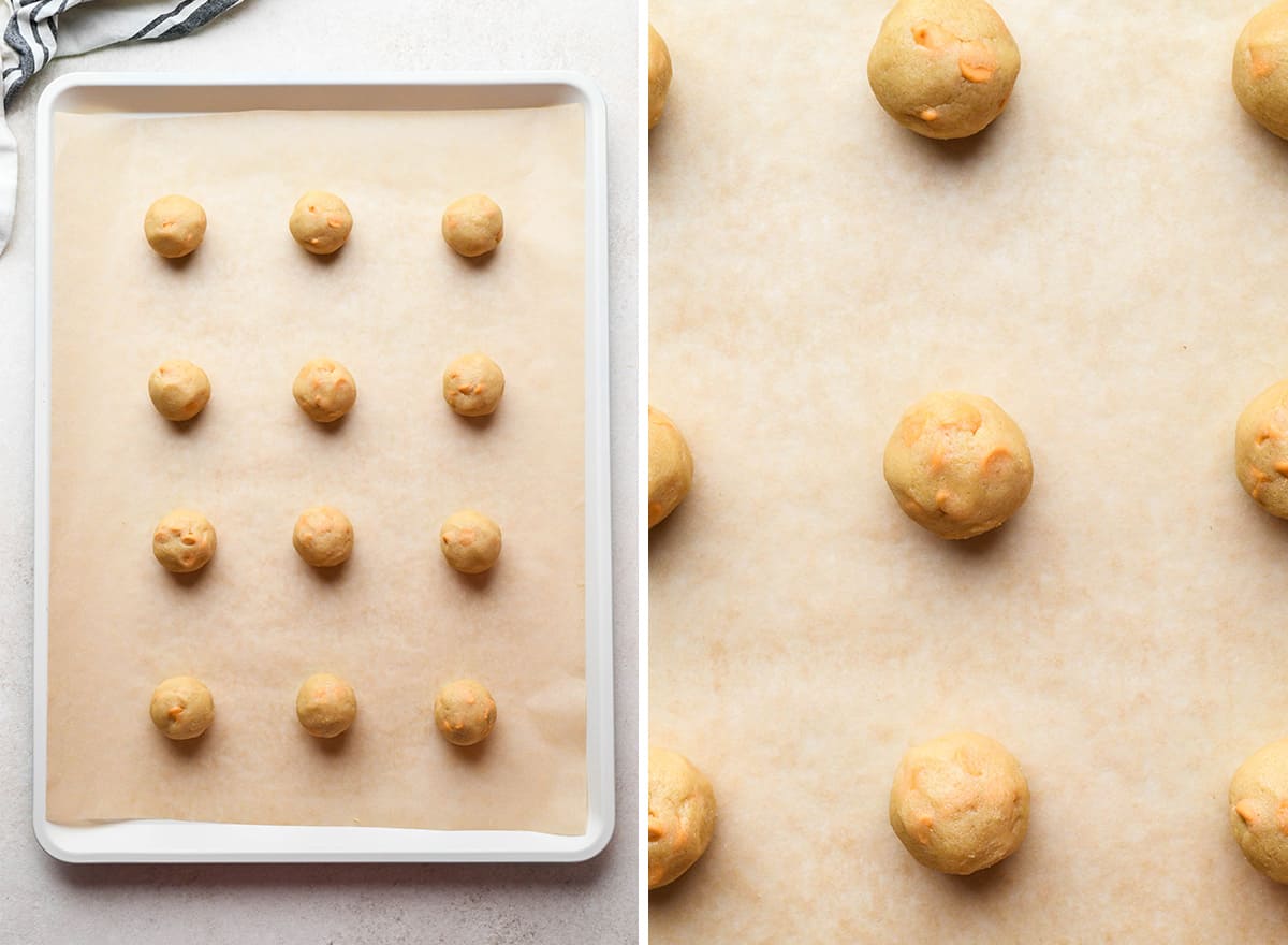 two photos showing butterscotch cookie dough on a baking sheet before baking