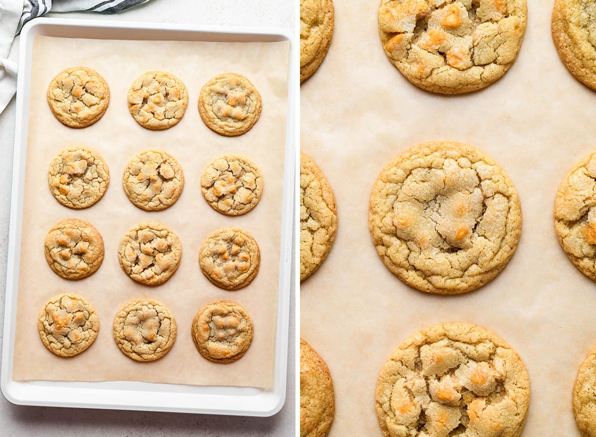 two photos showing butterscotch cookies on a baknig sheet after baking