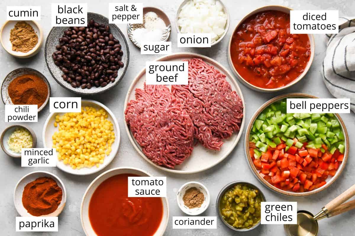 overhead photo of the labeled ingredients in this Crock Pot Chili recipe