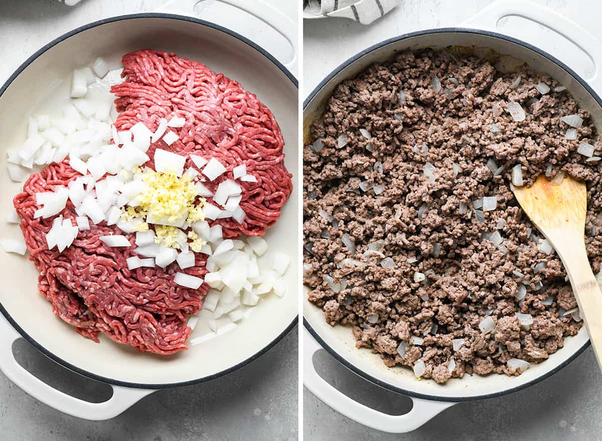 two photos showing browning ground beef, onion and garlic for this Crock Pot Chili Recipe