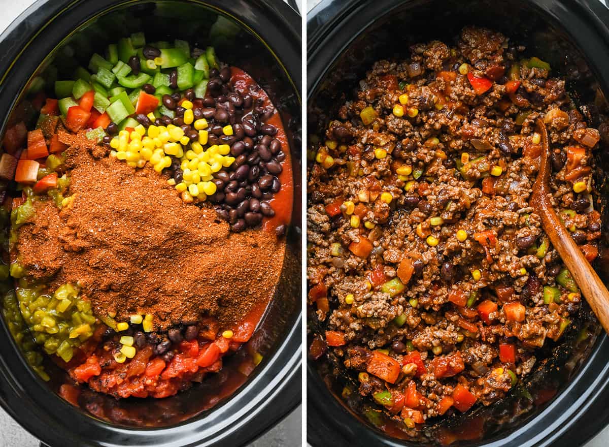 two photos showing how to make this Crock Pot Chili Recipe - combining ingredients in the crock pot