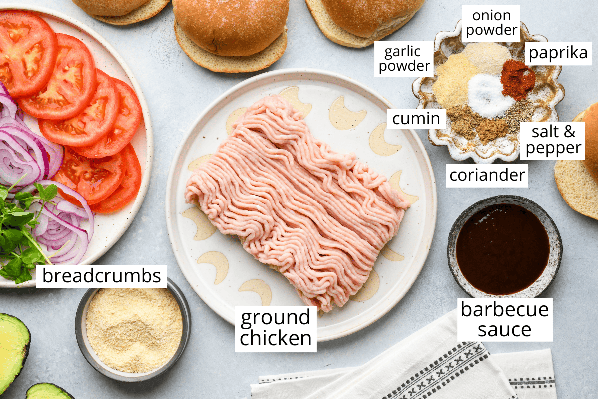 overhead photo of the labeled ingredients in this Chicken Burgers recipe