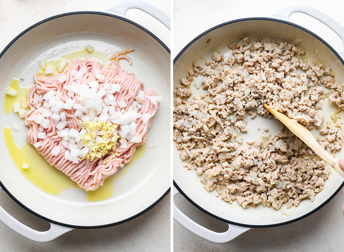 two photos showing cooking the ground chicken, onion and garlic in olive oil to make Ground Chicken Tacos