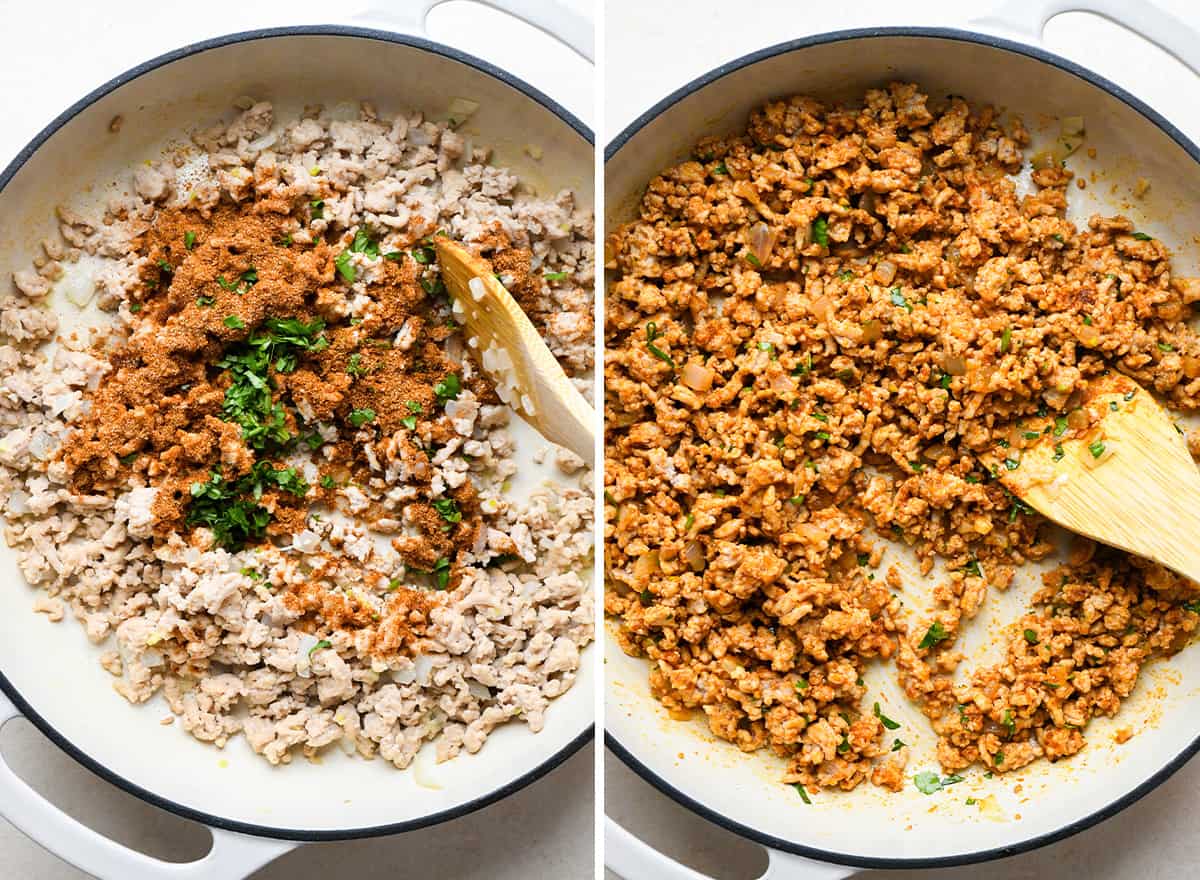 two photos showing adding seasoning and cilantro to Ground Chicken Tacos